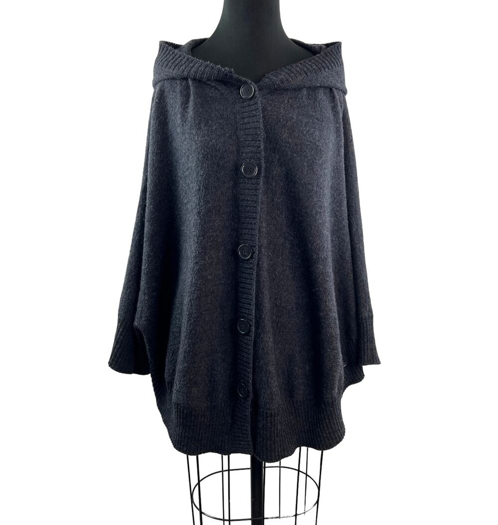 Marina Luna Gray Poncho Sweater Wool Ribbed Hooded Button Front Size Medium M